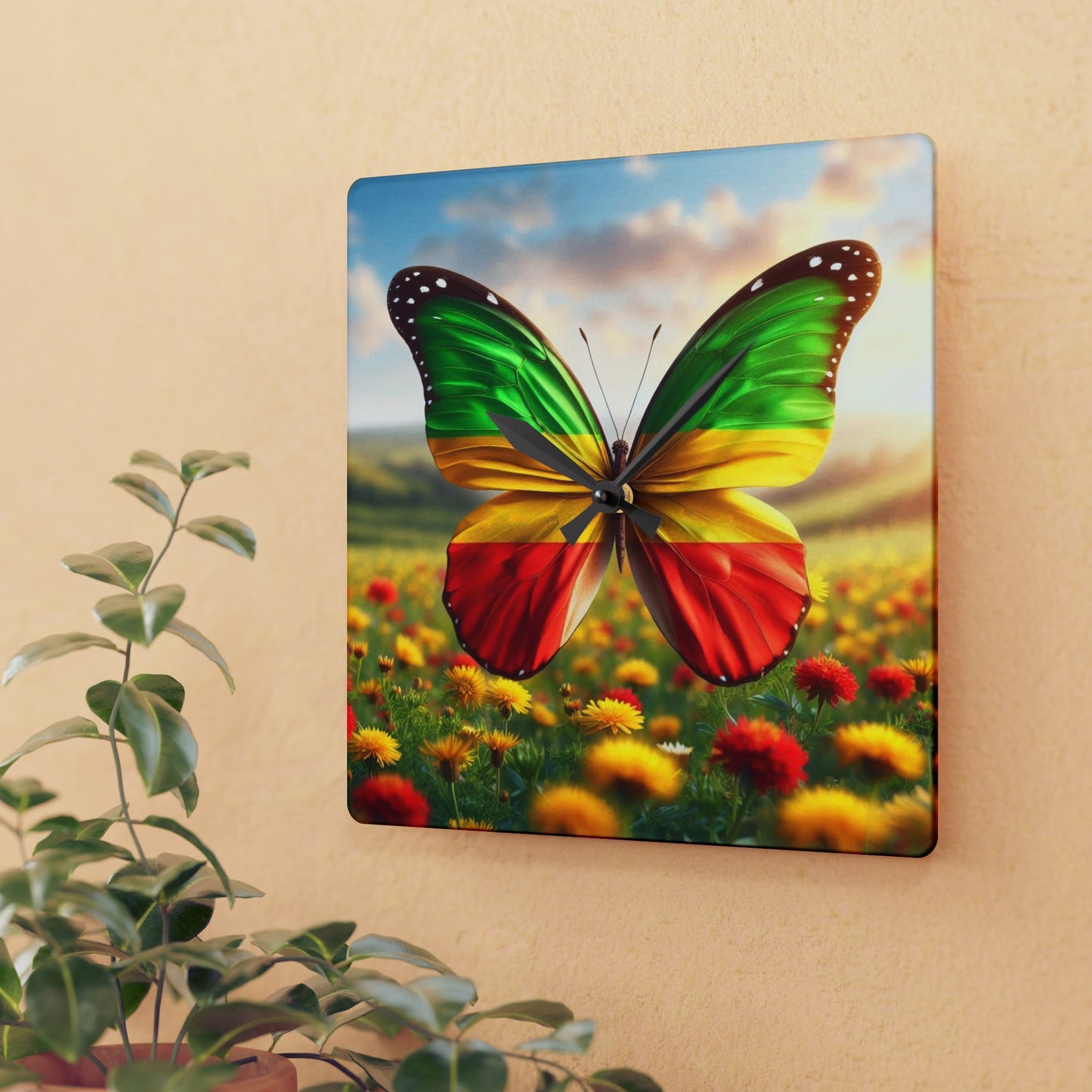 Butterfly Wall Clock with Ethiopian Flag Design, Vibrant, Unique Home Decor