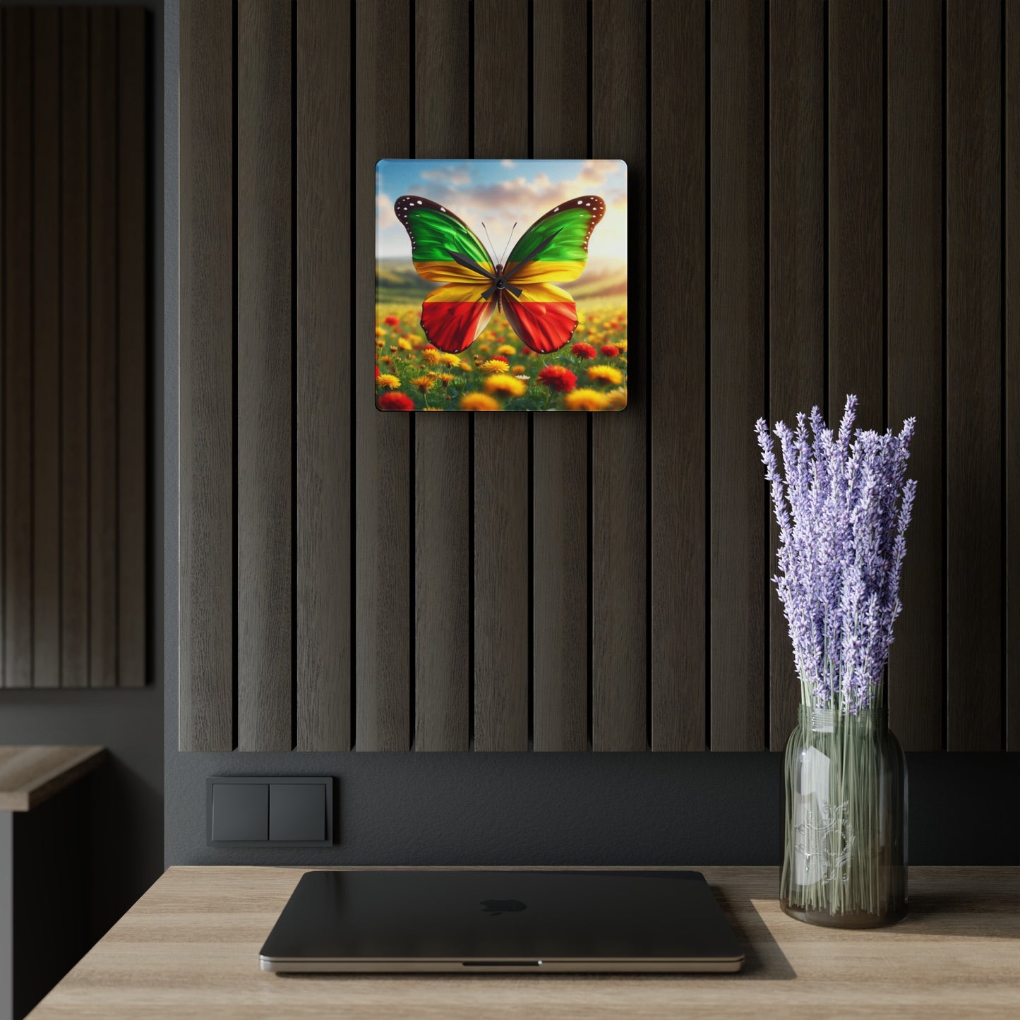 Butterfly Wall Clock with Ethiopian Flag Design, Vibrant, Unique Home Decor