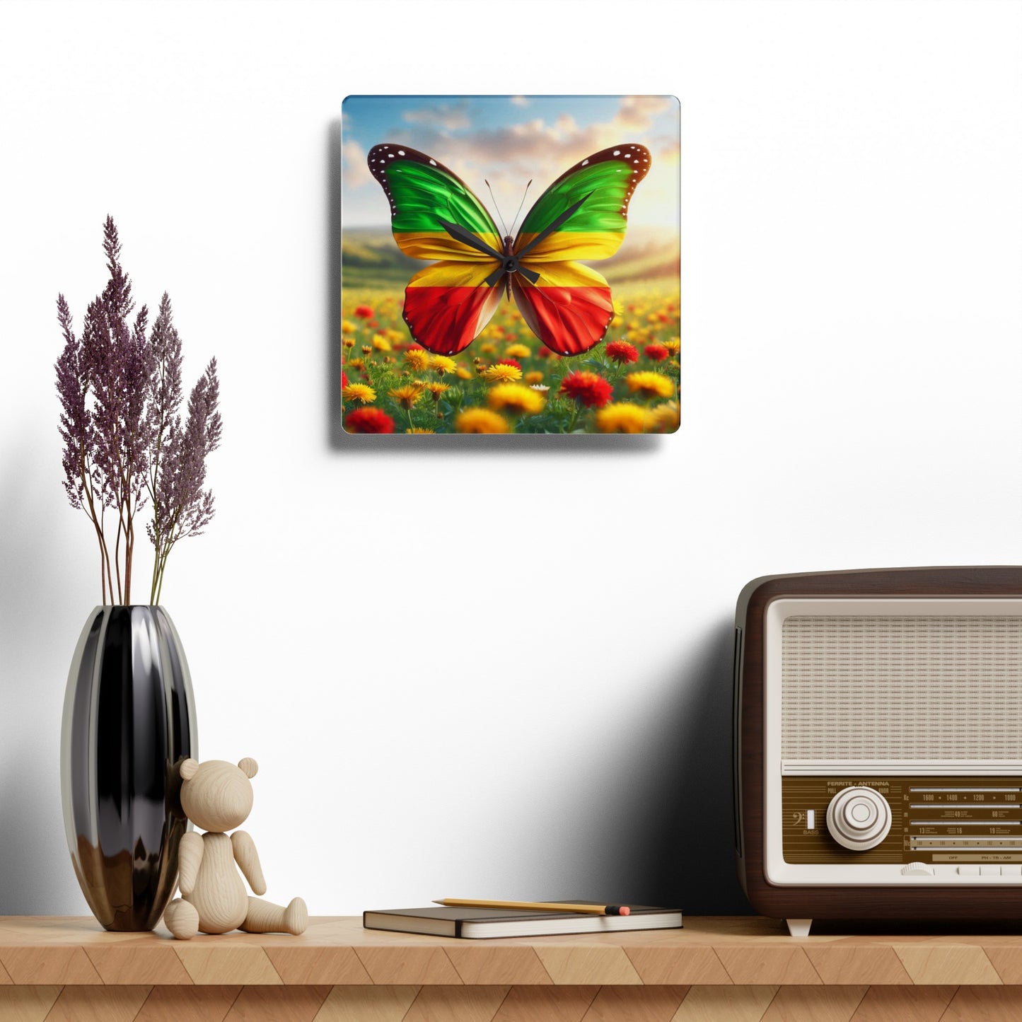 Butterfly Wall Clock with Ethiopian Flag Design, Vibrant, Unique Home Decor