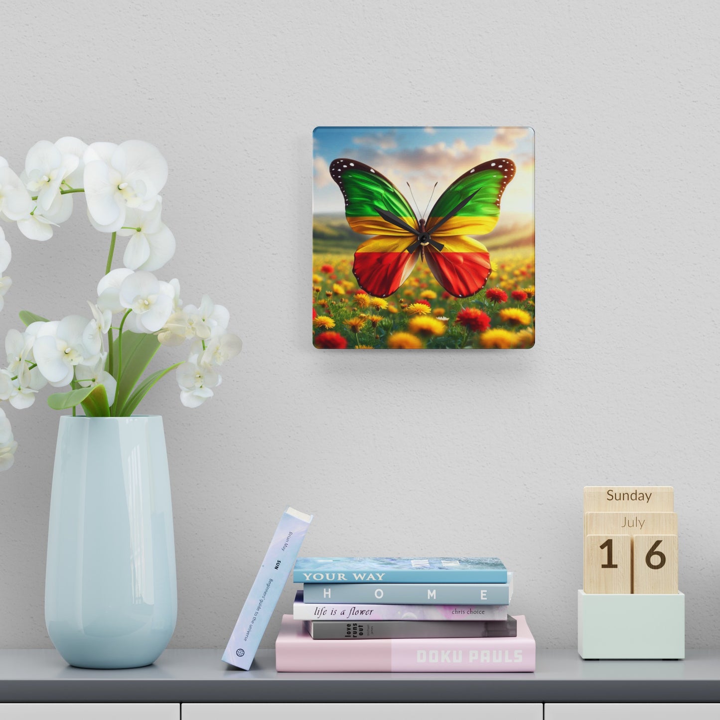 Butterfly Wall Clock with Ethiopian Flag Design, Vibrant, Unique Home Decor