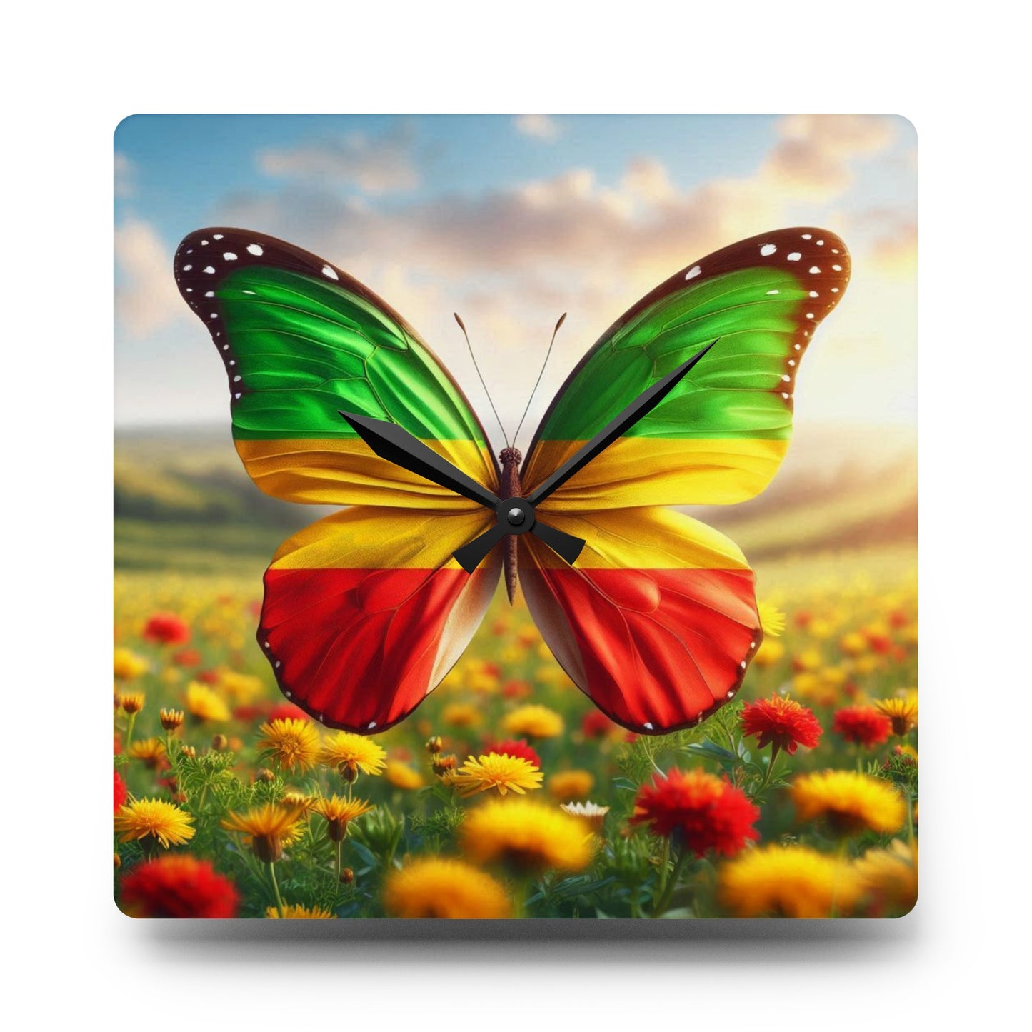 Butterfly Wall Clock with Ethiopian Flag Design, Vibrant, Unique Home Decor